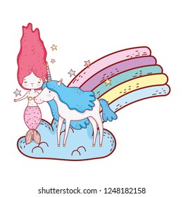 mermaid with unicorn and rainbow in clouds