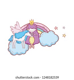 mermaid with unicorn and rainbow in clouds