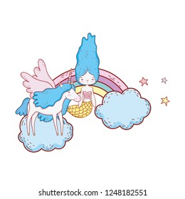 mermaid with unicorn and rainbow in clouds