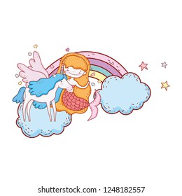 mermaid with unicorn and rainbow in clouds