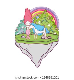 mermaid with unicorn and rainbow in the landscape