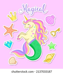 Mermaid unicorn with rainbow mane, crown, seashells, key and diamond. Vector illustrations set for stickers