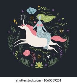 Mermaid and Unicorn, vector illustration on black background