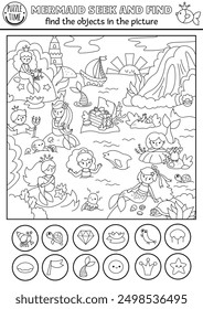 Mermaid vector black and white searching game with sea lagoon landscape. Spot hidden objects coloring page. Ocean kingdom seek and find printable activity for kids with waterfall, dolphin