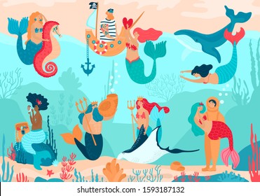 Mermaid vector cartoon beautiful girl princess and merman living underwater in ocean with sea animals whale and seahorse. Illustration set fantasy mermaid woman with tail on seaboard loving a sailor