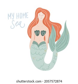 Mermaid vector hand drawn colorful illustration. Flat cartoon drawing with lettering.