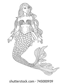 Mermaid vector illustration for adult coloring book or tattoo art.