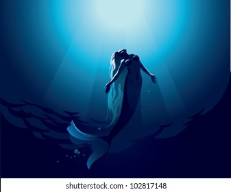 Mermaid. The vector illustration of a beautiful mermaid in deep water