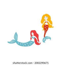 Mermaid vector illustration isolated on white background, Fun sea character set, little princess, decorative marine flat sign, cartoon ocean symbol for travel design, greeting card, invitation