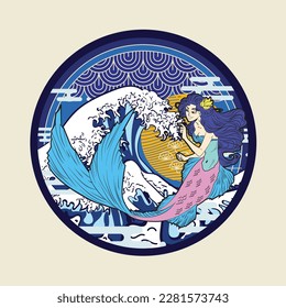 mermaid vector illustration with japanese background