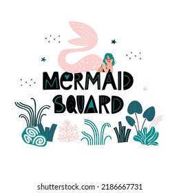 Mermaid vector illustration. A magical underwater creature. Undersea world concept with lettering