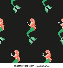 Mermaid. Vector illustration on black background. Seamless pattern. Flat design style. Swatch inside