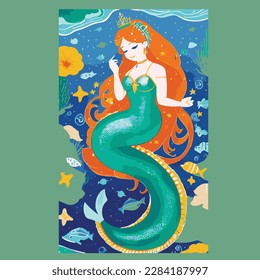 Sirena, ilustración vectorial, princesa de sirena