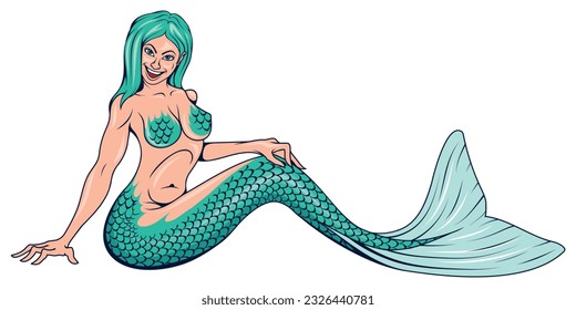 Mermaid. Vector illustration of a sea underwater fantasy creature with tail and decorative long hair. Sea life.