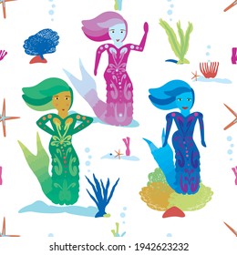 Mermaid vector illustration. Underwater scene with three mermaids, starfish, sea fans, seaweed, and coral. Seamless pattern.