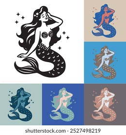 Mermaid, Mermaid vector Image, Beautiful Mermaid Illustration, Mermaid Mythology Sticker Vector, Decorative Mermaids Vector, Mermaids icon Logo.