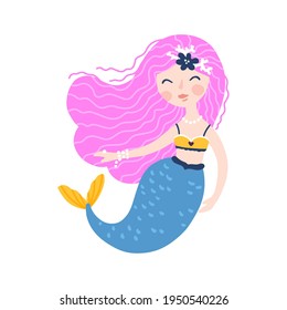 Mermaid vector isolate. Cute childish girl character with fish tail isolated on white background. Vector hand-drawn illustration in simple cartoon style. Colorful palette
