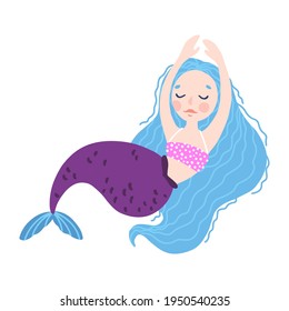 Mermaid vector isolate. Cute childish girl character with fish tail isolated on white background. Vector hand-drawn illustration in simple cartoon style. Colorful palette