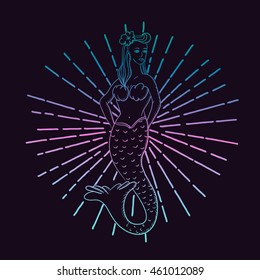 mermaid vector print. tattoo style.  Hand drawn graphic sketch