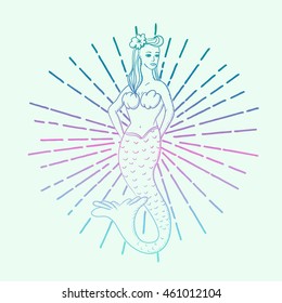 mermaid vector print. tattoo style.  Hand drawn graphic sketch