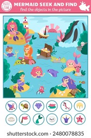 Mermaid vector searching game with sea lagoon landscape. Spot hidden objects. Simple fantasy, fairytale ocean kingdom seek and find printable activity for kids with waterfall, dolphin, jellyfish
