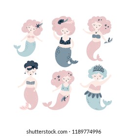 Mermaid vector set with cute characters isolated on white background Sea collection