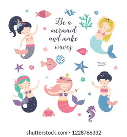 Mermaid vector set with cute characters isolated on white background Sea collection