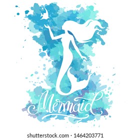 Mermaid, vector silhouette illustration on  watercolor spots background.