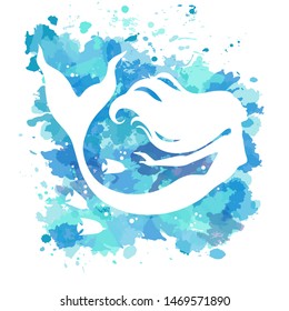 Mermaid, vector silhouette illustration on  watercolor spots background.