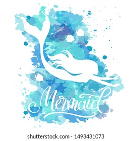 Mermaid, vector silhouette illustration on  watercolor spots background.