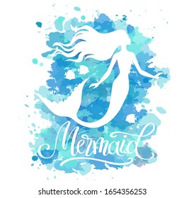 Mermaid, vector silhouette illustration on  watercolor spots background.