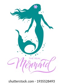 Mermaid, vector silhouette illustration on white background, hand written "Mermaid", logo, t-shirt design.