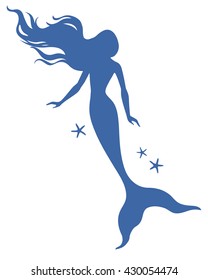 Mermaid, vector silhouette illustration on white background.