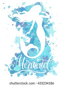 Mermaid, vector silhouette illustration on  watercolor background.