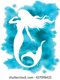 Mermaid, vector silhouette illustration on  watercolor background.