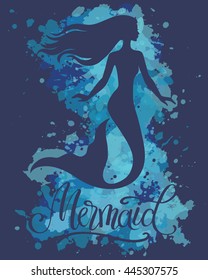Mermaid, vector silhouette illustration on  watercolor background.