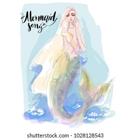 Mermaid vector watercolor illustration. Hand drawn sketch background of sea girl for fairy design card, book, print, poster.