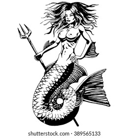 Mermaid - Vintage drawing Isolated. Vector illustration