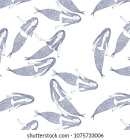 mermaid wallpaper, seamless vector wallpaper with a beautiful linear pattern, where a flock of mermaids with long hair swims underwater. pattern created for printing on fabric, wallpaper, prints 
