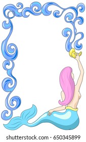 Mermaid with water frame. Mermaid vector illustration with text place. Romantic postcard template. Pink hair mermaid with blue fish tail. Sea water frame. Art Nouveau summer vertical banner template