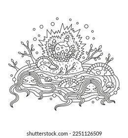 Mermaid in the water, magical potion. Fantasy artwork. Funny cartoon vector illustrations. Coloring page for kids. Hand drawn style. Black and white drawing
