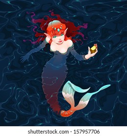 Mermaid in the water with a piece of gold. Vector illustration