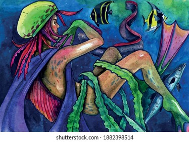 mermaid in water, vector paint