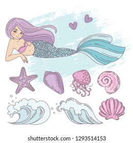 MERMAID WAVE Cartoon Travel Tropical Vector Illustration Set for Print, Fabric and Decoration.