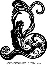 Mermaid in waves, black cliche in style of Art Nouveau