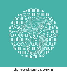 Mermaid and waves circle emblem. Linear style art for fashion, beauty, childish accessories, cosmetics. Siren silhouette with long hair and shell. Cartoon character. Doodle vector art, icon, print