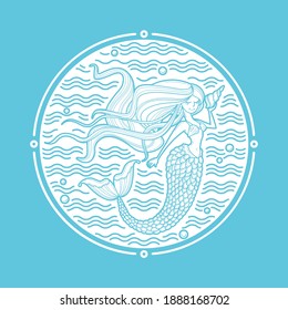 Mermaid and waves circle emblem. Linear style art for fashion, beauty salon, childish accessories. 
Siren silhouette with long hair and shell. Cartoon character. Doodle vector illustration, print