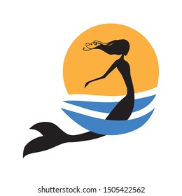 mermaid, waves and sun. vector logo icon