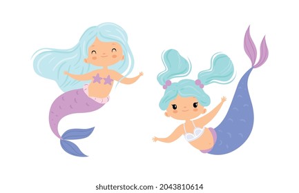 Mermaid with Waving Hair Floating Underwater Vector Set