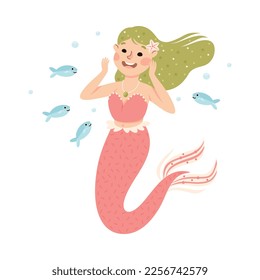 Mermaid with Wavy Green Hair Floating Underwater Among Fish Vector Illustration